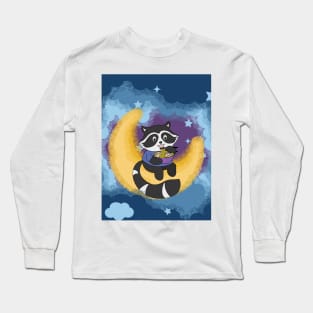 Raccoon eating noodle on the Moon illustration Long Sleeve T-Shirt